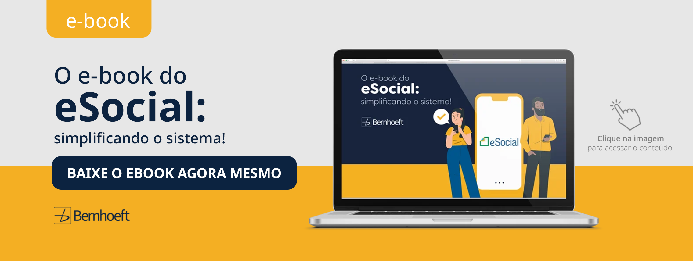 ebook do eSocial. arte predominantemente amarela e cinza, com detalhes na fonte em azul. link disponível para download do ebook.